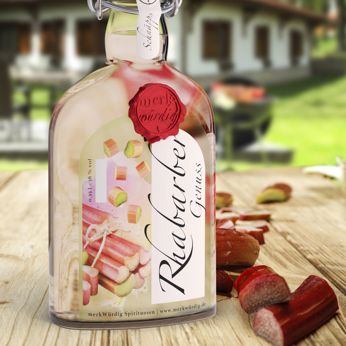 merkWürdig Rhabarbergenuss mit rotem Wachssiegel auf einem Holztisch, daneben frische Rhabarberstücke
