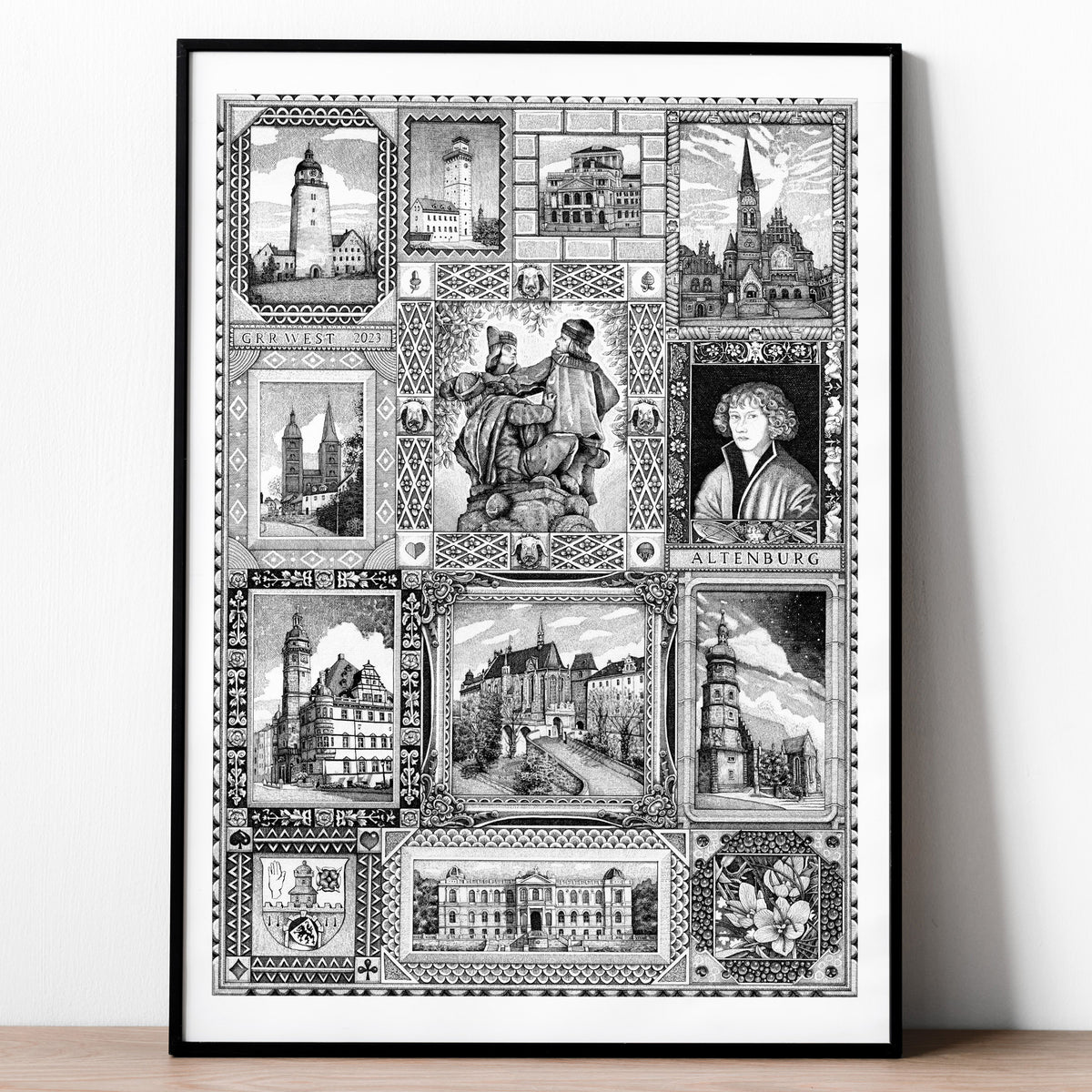 Poster Altenburg mit Fineliner-Motiven der Skatstadt im schwarzen Rahmen, stehend