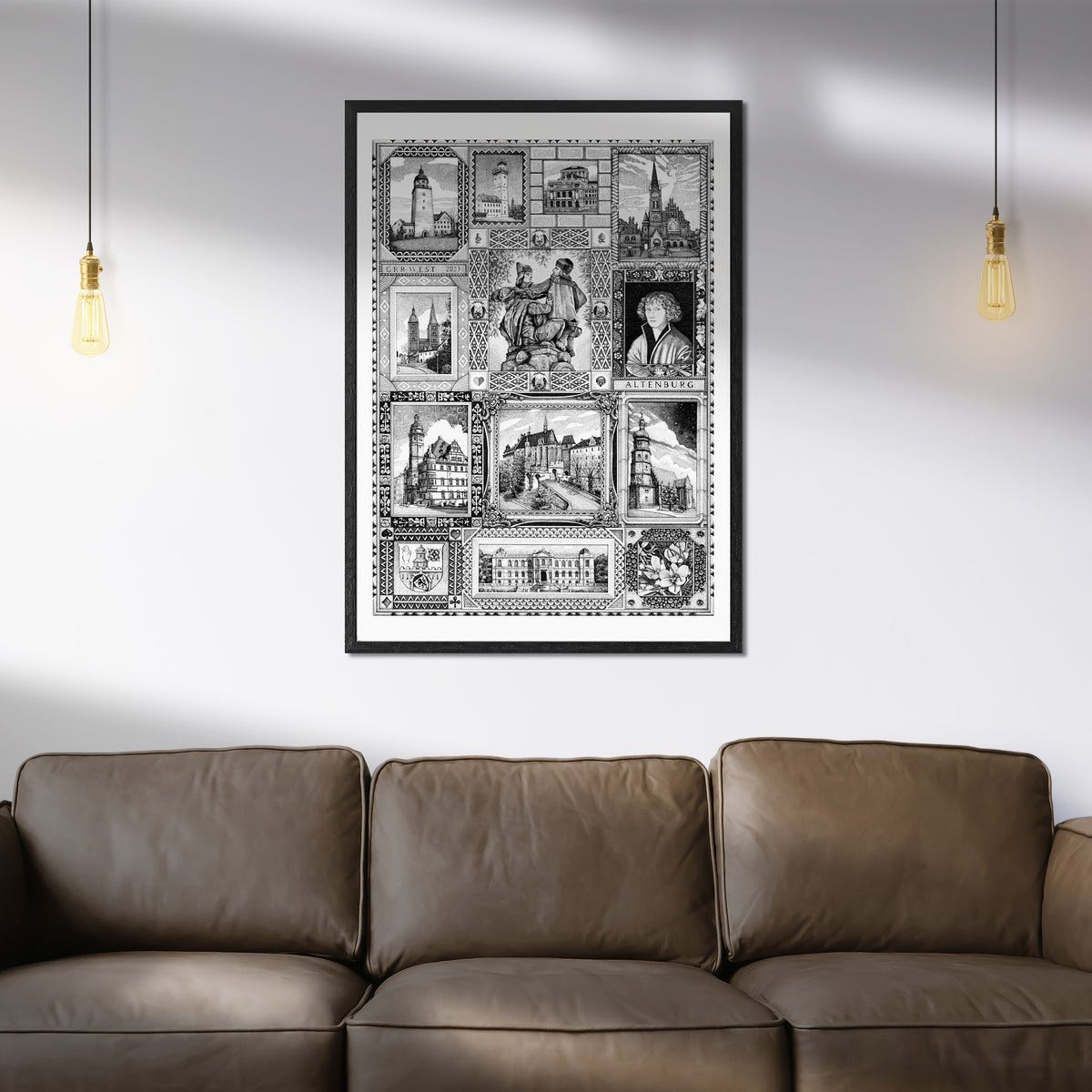 Poster Altenburg mit Rahmen über einem braunen Ledersofa