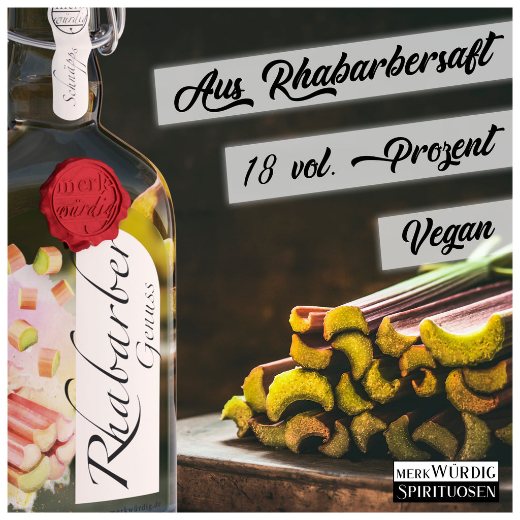 Rhabarbergenuss: aus Rhabarbersaft, 18 % vol., vegan – Flasche neben geschnittenem Rhabarber