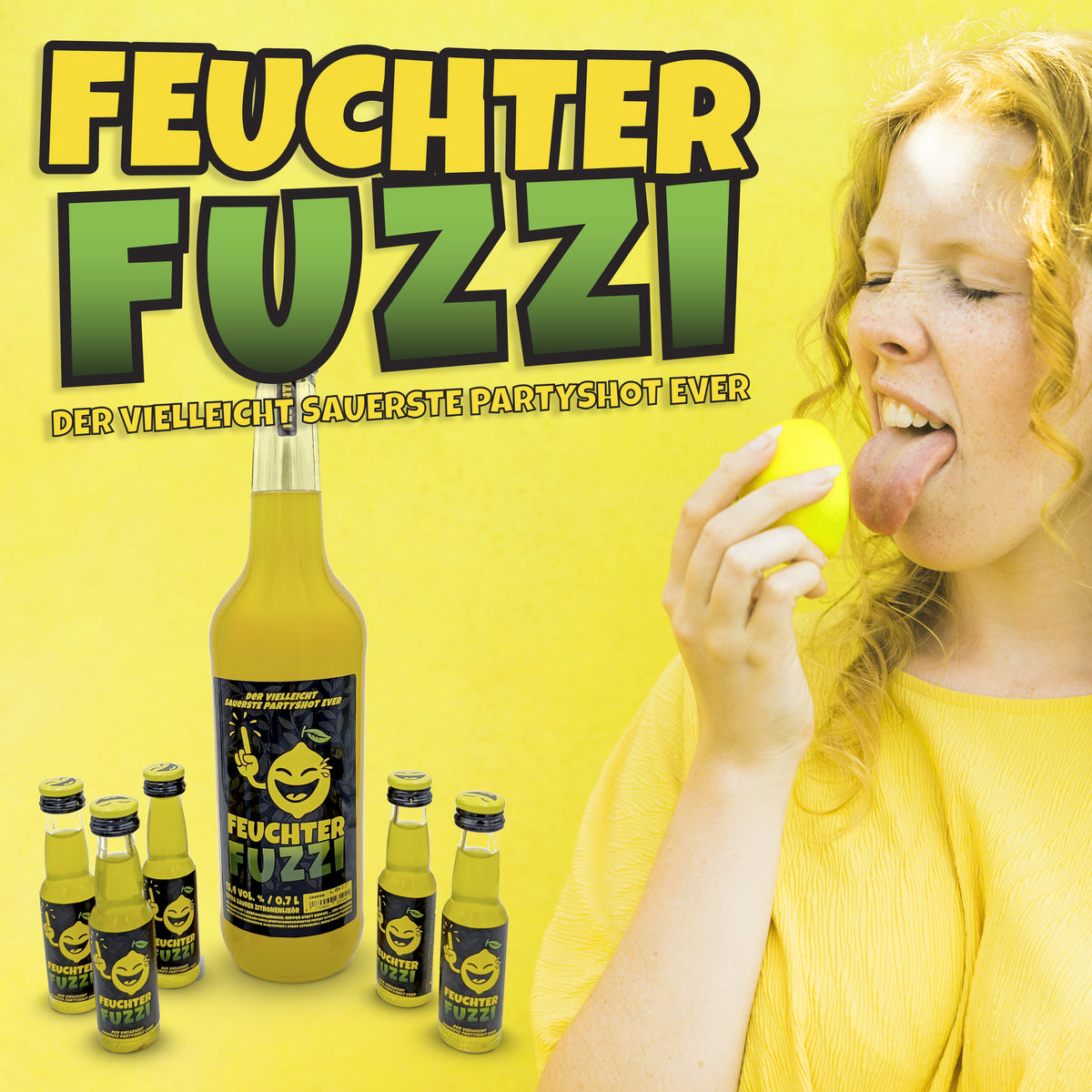 Feuchter Fuzzi Flasche und Shots, daneben eine Frau, die in eine Zitrone beißt