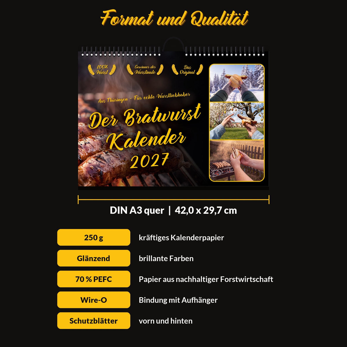 Format und Ausstattung: DIN A3 quer, 42,0 x 29,7 cm, 250 g Papier, Wire-O-Bindung
