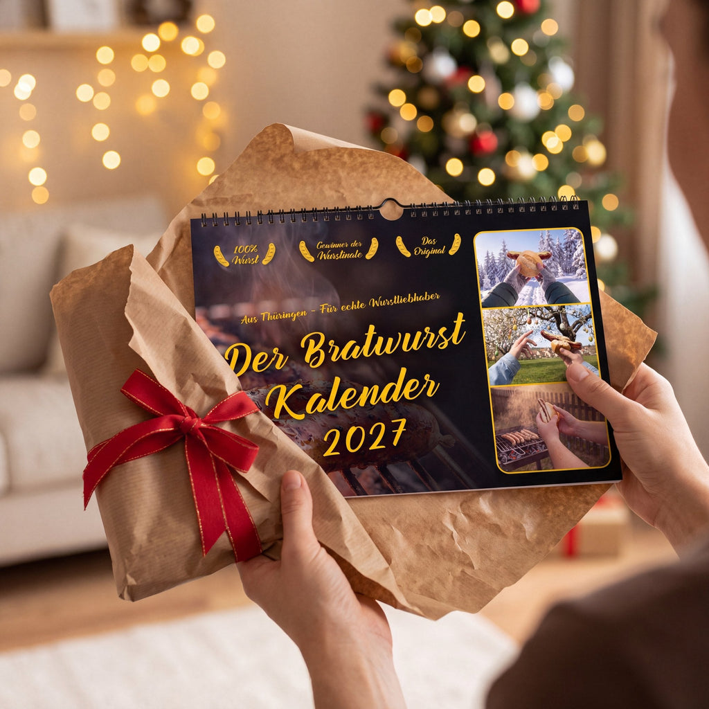 Bratwurstkalender 2027 in Packpapier mit roter Schleife vor einem Weihnachtsbaum