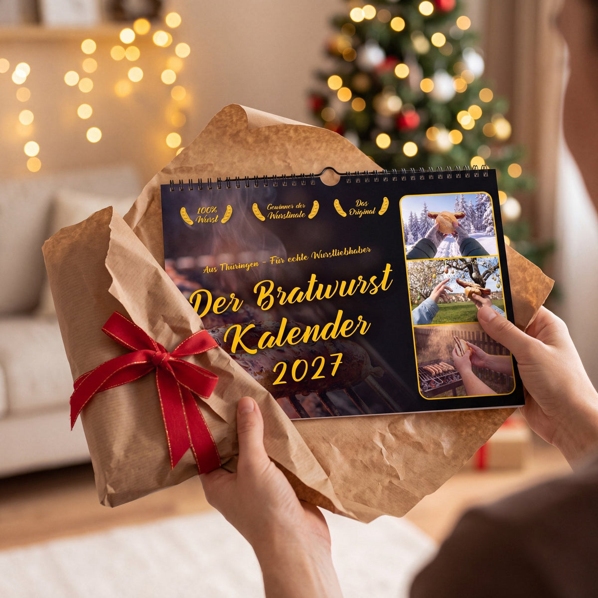 Bratwurstkalender 2027 in Packpapier mit roter Schleife vor einem Weihnachtsbaum