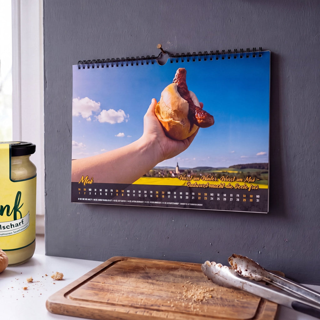 Bratwurstkalender 2027 in der Küche neben einem Glas Altenburger Senf, Mai-Motiv