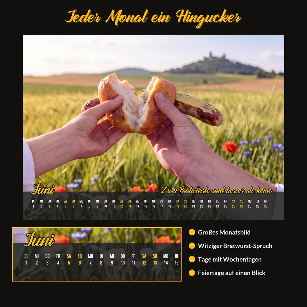Monatsblatt Juni: zwei Hände stoßen mit Bratwurstbrötchen an, darunter das Kalendarium mit Feiertagen