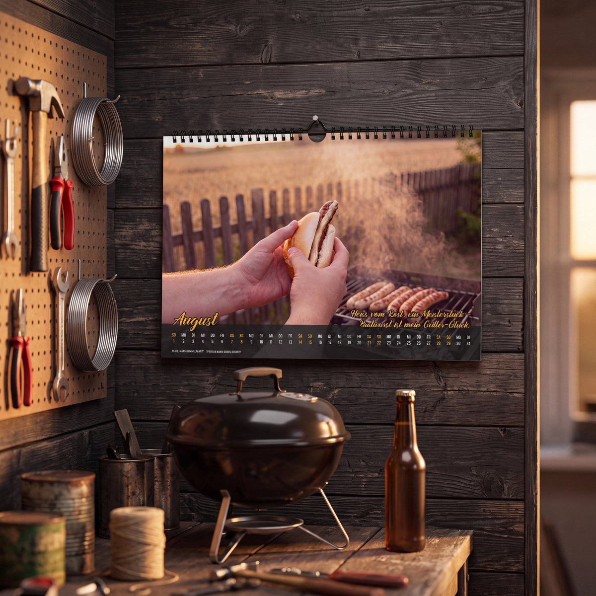 Bratwurstkalender 2027 an einer Werkstattwand über einem Kugelgrill, August-Motiv