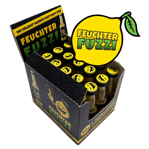 Feuchter Fuzzi Partypack: Karton mit 20 Shot-Flaschen à 20 ml, geöffnet