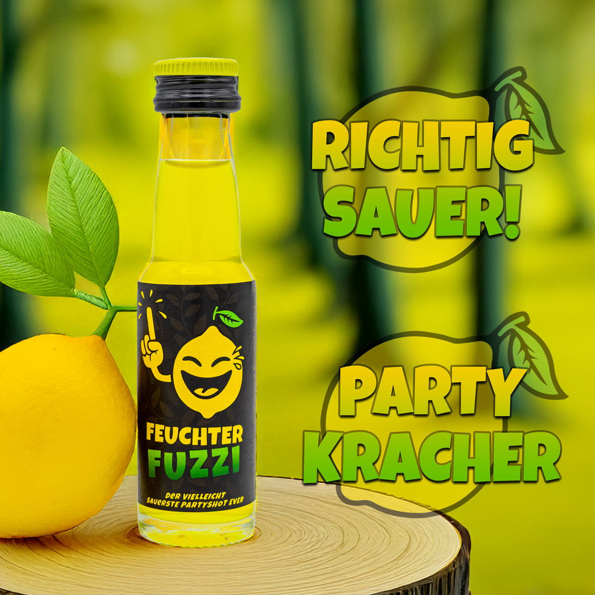 Feuchter Fuzzi Shot-Flasche 20 ml neben einer Zitrone – richtig sauer, Partykracher
